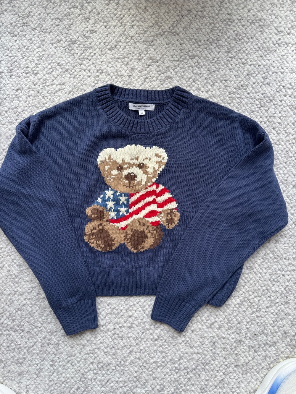 Grayson Threads Navy Crewneck Sweater with Teddy Bear Flag Motif